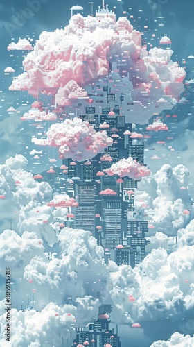 A fluffy pixel art cloud morphing into chunky servers and blocky network switches, illustrating cloud concepts playfully