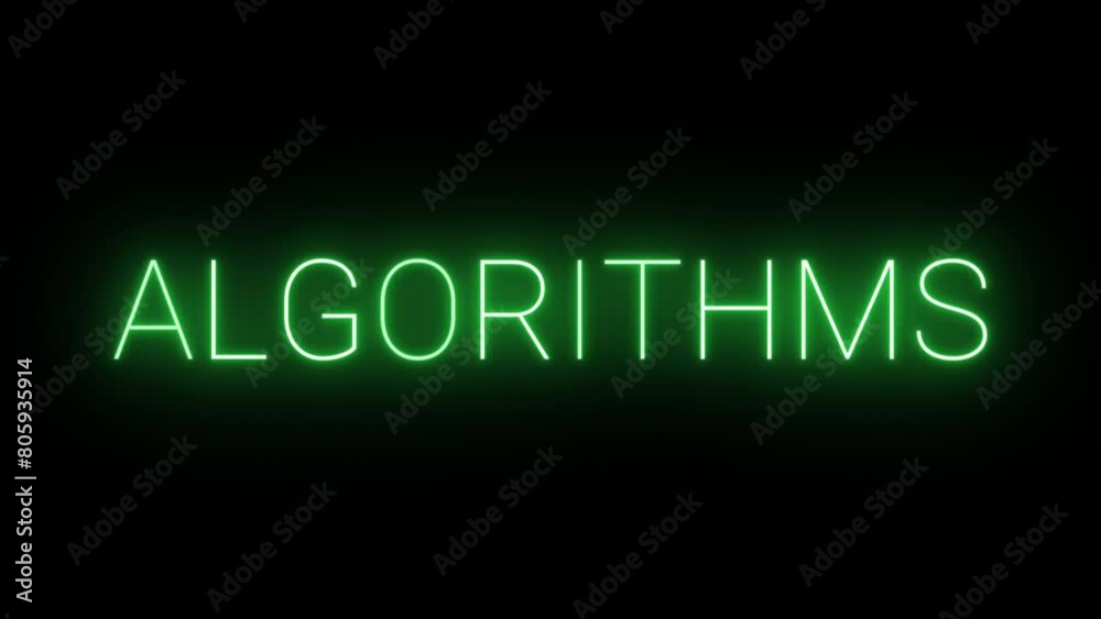 Flickering neon green glowing algorighms text animated on black background Flickering neon green glowing algorighms text animated on black background