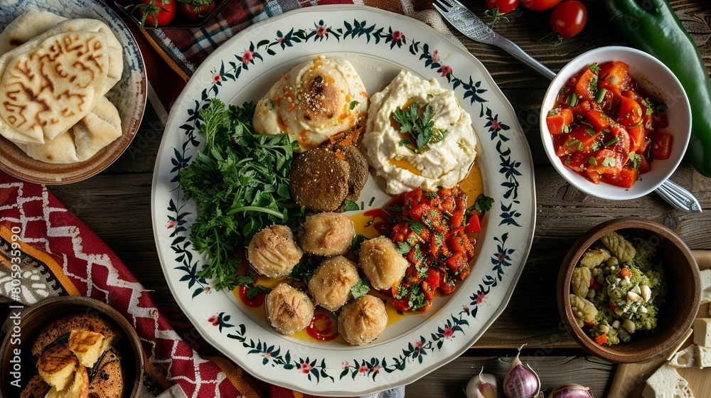 top view on a white plate with Armenian food, studio shot, flat lay, top view, background