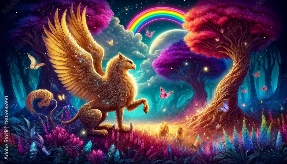 Neon-hued griffin set within a fantastical landscape filled with rainbows