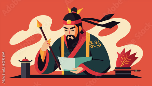 With a brush in hand the emperor practices calligraphy each stroke deliberate and precise a reflection of his disciplined mind.. Vector illustration