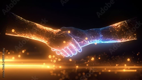 Businessperson shaking hand with digital partner over futuristic background. Artificial intelligence and machine learning process for 4th industrial revolution.