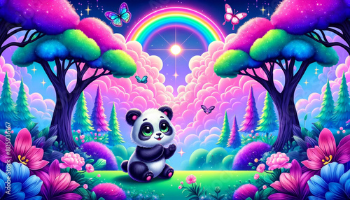 Neon-hued panda set within a fantastical landscape filled with rainbows