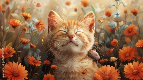 a cat and flowers: A cute tabby kitten peeks out from behind red flowers in a garden.