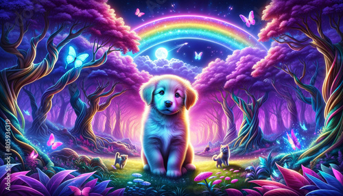 Neon-hued puppy set within a fantastical landscape filled with rainbows