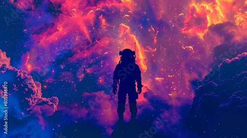 A lone astronaut in a classic pop art pose, silhouetted against a vibrant nebula
