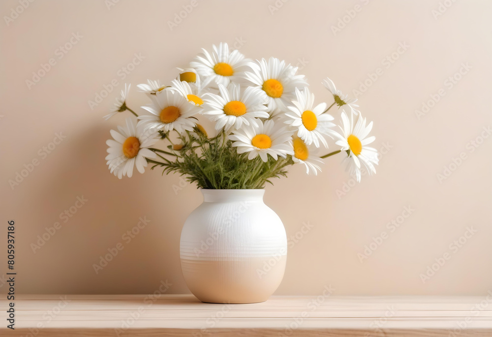 A bouquet of white daisies in a ceramic vase on a beige wooden table with a white textured wall A bouquet of white daisies in a ceramic vase on a beige wooden table with a white textured wall