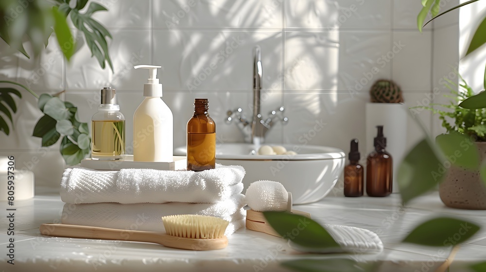 Mockup of plastic packaging and bottles with organic natural cosmetics, and one wooden massage brush on a light bathroom background.
