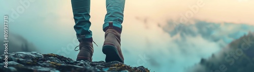 A person standing on a rock with their back to the camera. They are wearing jeans and brown boots/