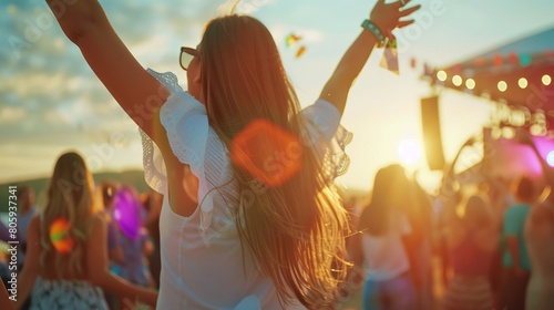 Attractive young beautiful woman dancing at a music festival party.