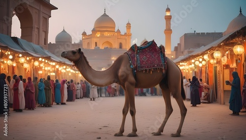 Eid ul adha mubarak theme a rajastani camel in a desert with a lot of islamic lantern lights in different colours around it behind beautiful view of mosque with mountains along eid celebrations photo