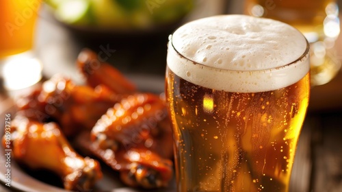 Close-up of chilled beer and hot wings, perfect combination for contrasting tastes photo