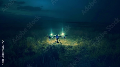 A MALE drone with a spotlight illuminating a target at night, casting harsh shadows across the landscape