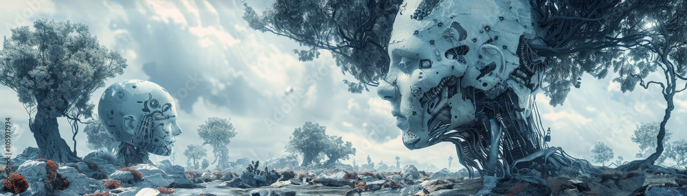 A very cold and desolate landscape with two large, white heads A very cold and desolate landscape with two large, white heads