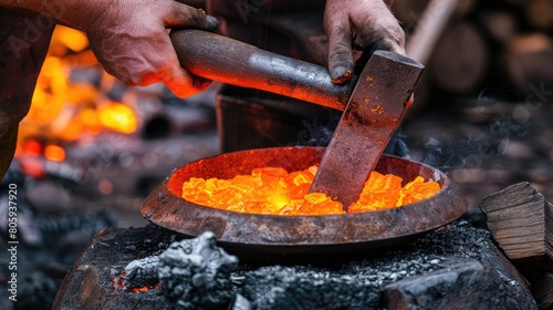 Close-up of a metalworker transitioning from a hot forge to a cold water quench