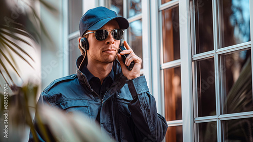 Security guard man in uniform cap, jacket and sunglasses is standing by window inside house and talking on portable wireless two way walkie talkie transceiver radio set device. Property safety concept photo