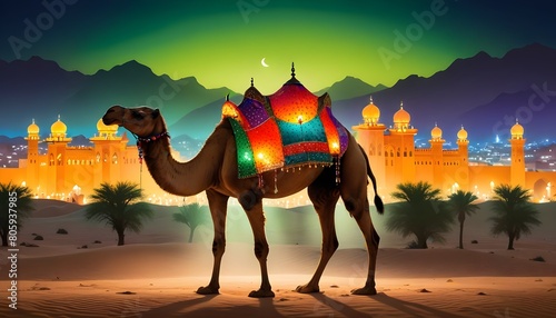 Eid ul adha mubarak theme a rajastani camel in a desert with a lot of islamic lantern lights in different colours around it behind beautiful view of mosque with mountains along eid celebrations photo