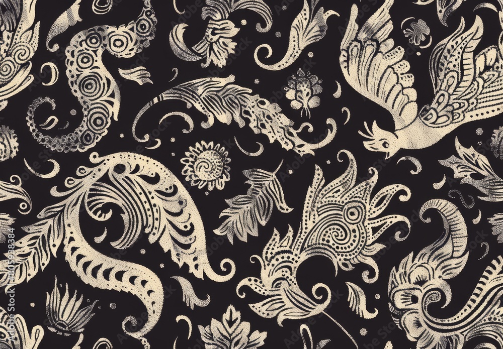Season's trend: Oriental & gothic ink doodle pattern blending motifs, reflecting a fusion of styles