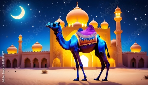 Eid ul adha mubarak theme a rajastani camel in a desert with a lot of islamic lantern lights in different colours around it behind beautiful view of mosque with mountains along eid celebrations photo