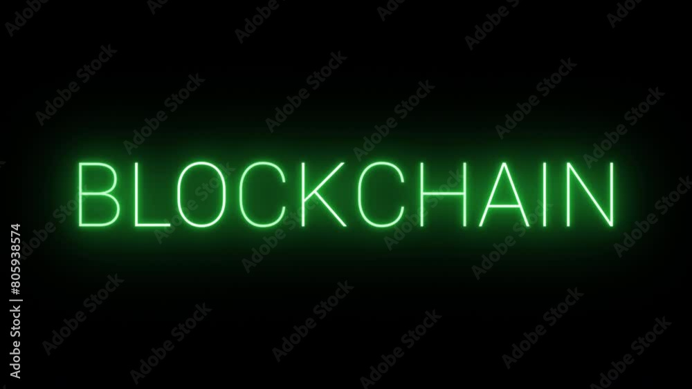 Flickering neon green glowing blockchain text animated on black background Flickering neon green glowing blockchain text animated on black background