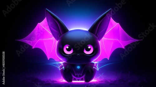 Cute purple bat with big eyes and pink wings.