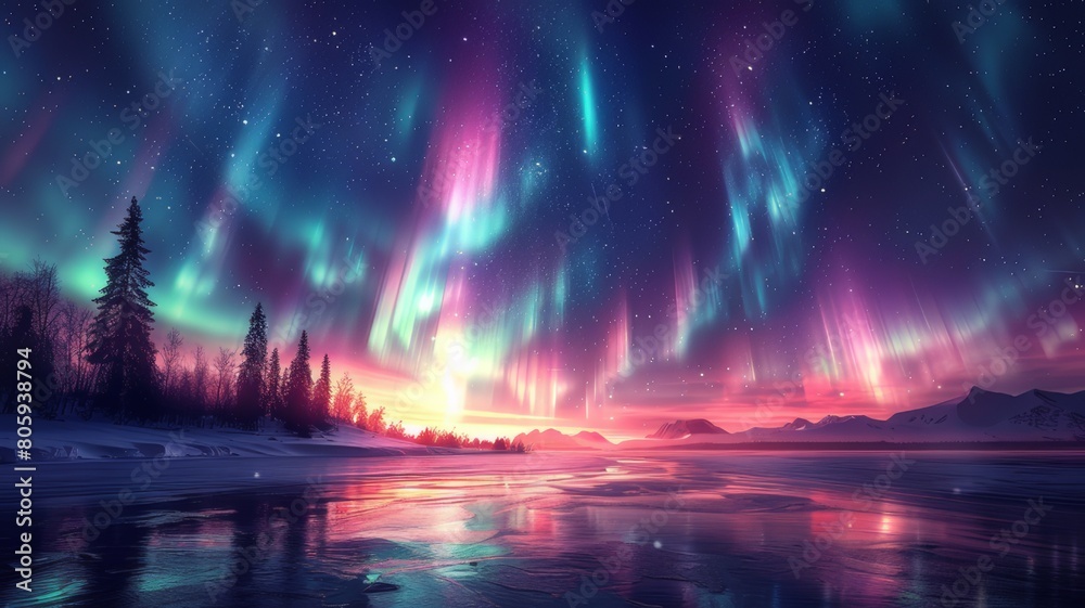 Beautiful northern lights on the background of natural landscapes, mountains.