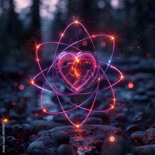 The image shows a glowing pink heart-shaped atom