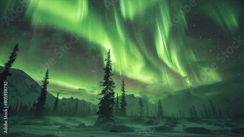 Beautiful northern lights on the background of natural landscapes, mountains. © Igbal