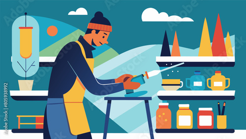 The aroma of freshly waxed skis fills the air as a shop worker meticulously buffs the base of a retro ski.. Vector illustration