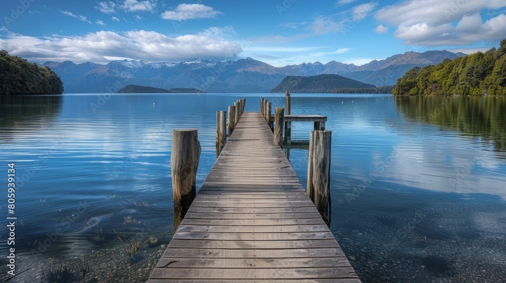 A lake surrounded by mountains, a pier on the lake. Summer season. Woodland.