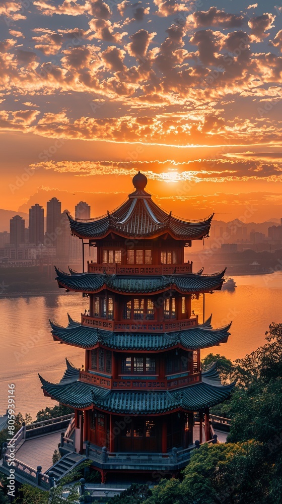 Fototapeta premium Chongqing hon pavilion sunset