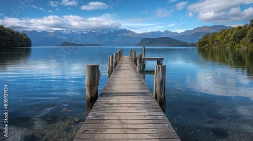 A lake surrounded by mountains, a pier on the lake. Summer season. Woodland.