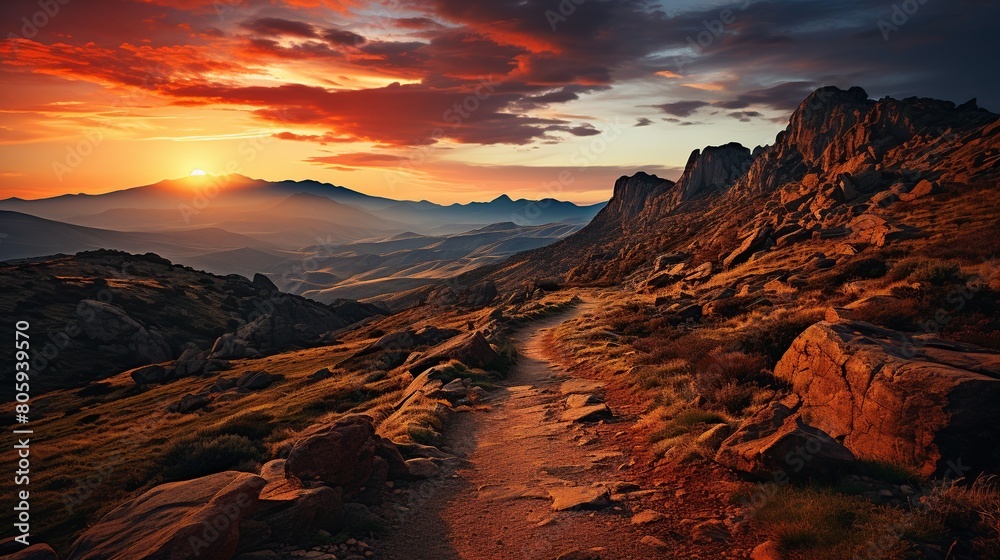 Dramatic sunset in the mountains. Landscape with a path in the mountains
