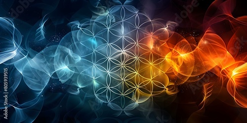 Digital Flower of Life rendering with intersecting circles hexagons and vibrant energy. Concept Sacred Geometry, Vibrant Colors, Intersecting Circles, Hexagons, Digital Art