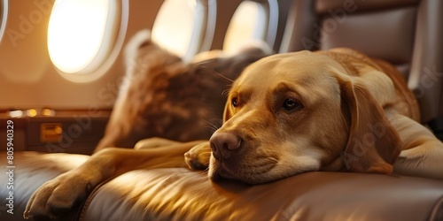 Pet travels comfortably on private jet with stunning views luxury experience. Concept Luxury Travel, Private Jet, Pet-Friendly, Stunning Views, Comfortable Experience