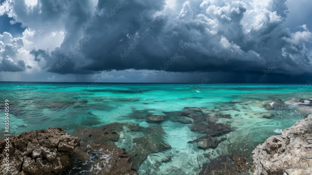 Fototapeta premium A storm brewing over the ocean, dark clouds contrasting with turquoise water, panoramic format