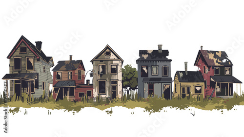 Row abandoned houses, deteriorating neglected architecture, overgrown grass. Derelict buildings, peeling paint, broken windows, destruction decay urban scene. Vintage homes, weathered worn, deserted