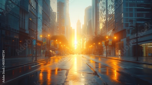 Tranquil Urban Cityscape at Dawn with Empty Streets and Gleaming Skyscrapers © Thares2020