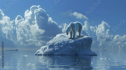 Polar bear stranded on a shrinking ice cap, symbolizing climate change