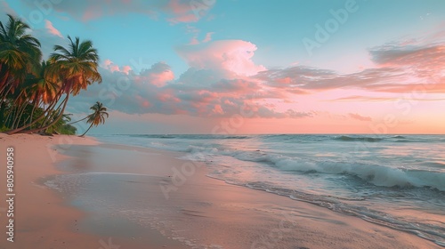 At sunset  a tropical beach  the sky painted in hues of pink and orange  with palm trees swaying gently  waves lapping at the sandy shore  creating a tranquil atmosphere.