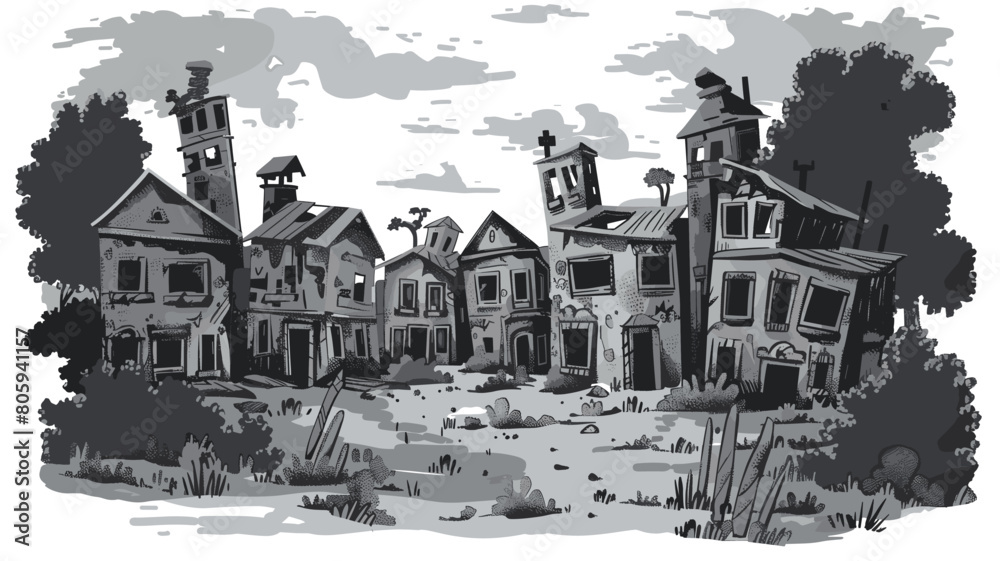 Monochrome vector illustration depicting eerie abandoned town, featuring houses various states disrepair. Overgrown vegetation surrounds dilapidated buildings under cloudy sky. No people visible