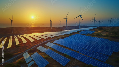 solar cell plant and wind generators under blue sky on sunset. Powerplant with photovoltaic panels and eolic turbine. clean energy, sustainable, Eco,earth day,green energy,love nature,eco energy  © Karol