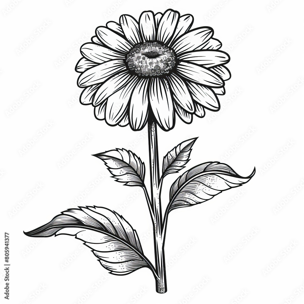 Black and white illustration of a detailed sunflower with visible petal ...