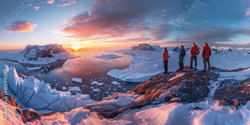 Hikers overlooking an arctic iceberg and glacier panorama with mountains in the background at sunset photo