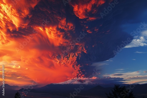 A volcanic eruption spewing lava and ash, a fiery display against a darkening sky photo
