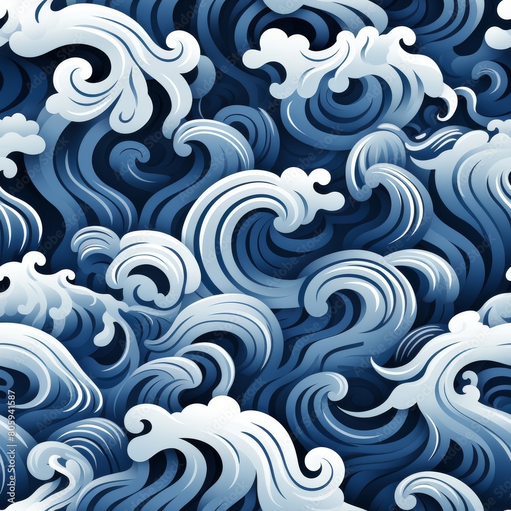 Seamless pattern of blue and white waves. The waves are in a traditional Japanese style. The pattern is suitable for printing on fabric, paper, and other surfaces. Seamless pattern of blue and white waves. The waves are in a traditional Japanese style. The pattern is suitable for printing on fabric, paper, and other surfaces.