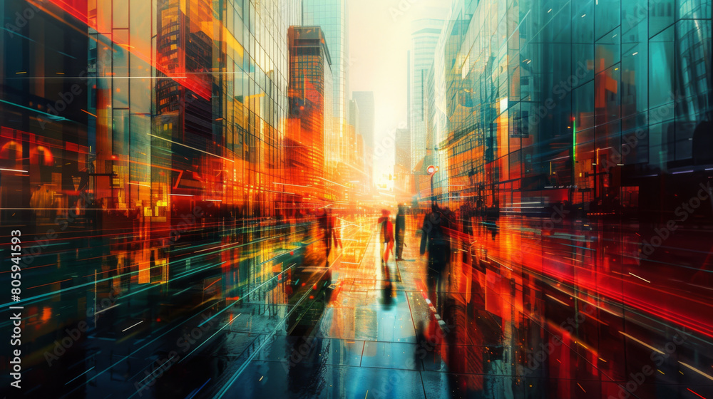 Dynamic urban life captured in motion blur with vivid colors reflecting a bustling city.