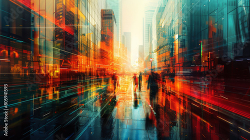 Dynamic urban life captured in motion blur with vivid colors reflecting a bustling city. © khonkangrua