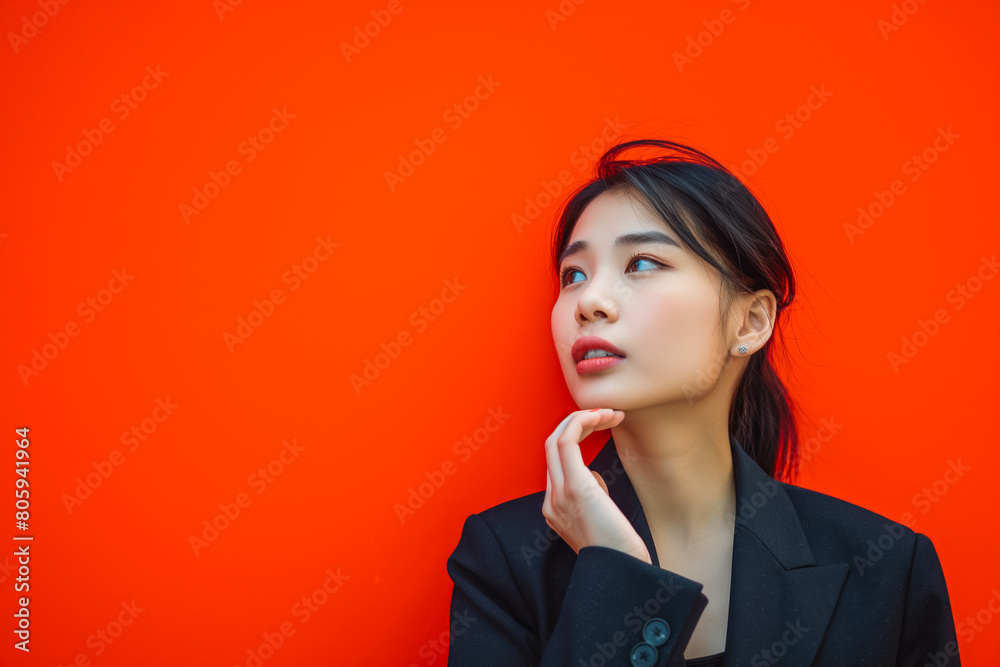 Minimal portrait of contemporary Asian businesswoman speaking by smartphone in statement red space, copy space Minimal portrait of contemporary Asian businesswoman speaking by smartphone in statement red space, copy space