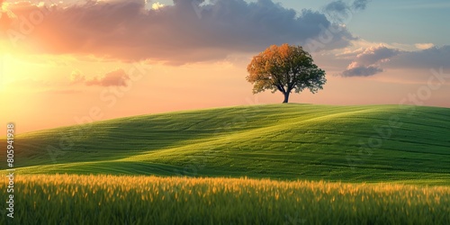 Serenity of Rolling Hills with Single Tree at Sunset